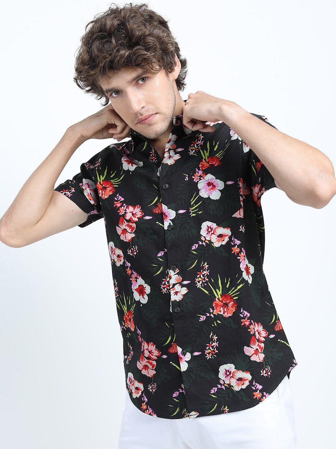 highlander men black slim fit floral printed cotton casual shirt