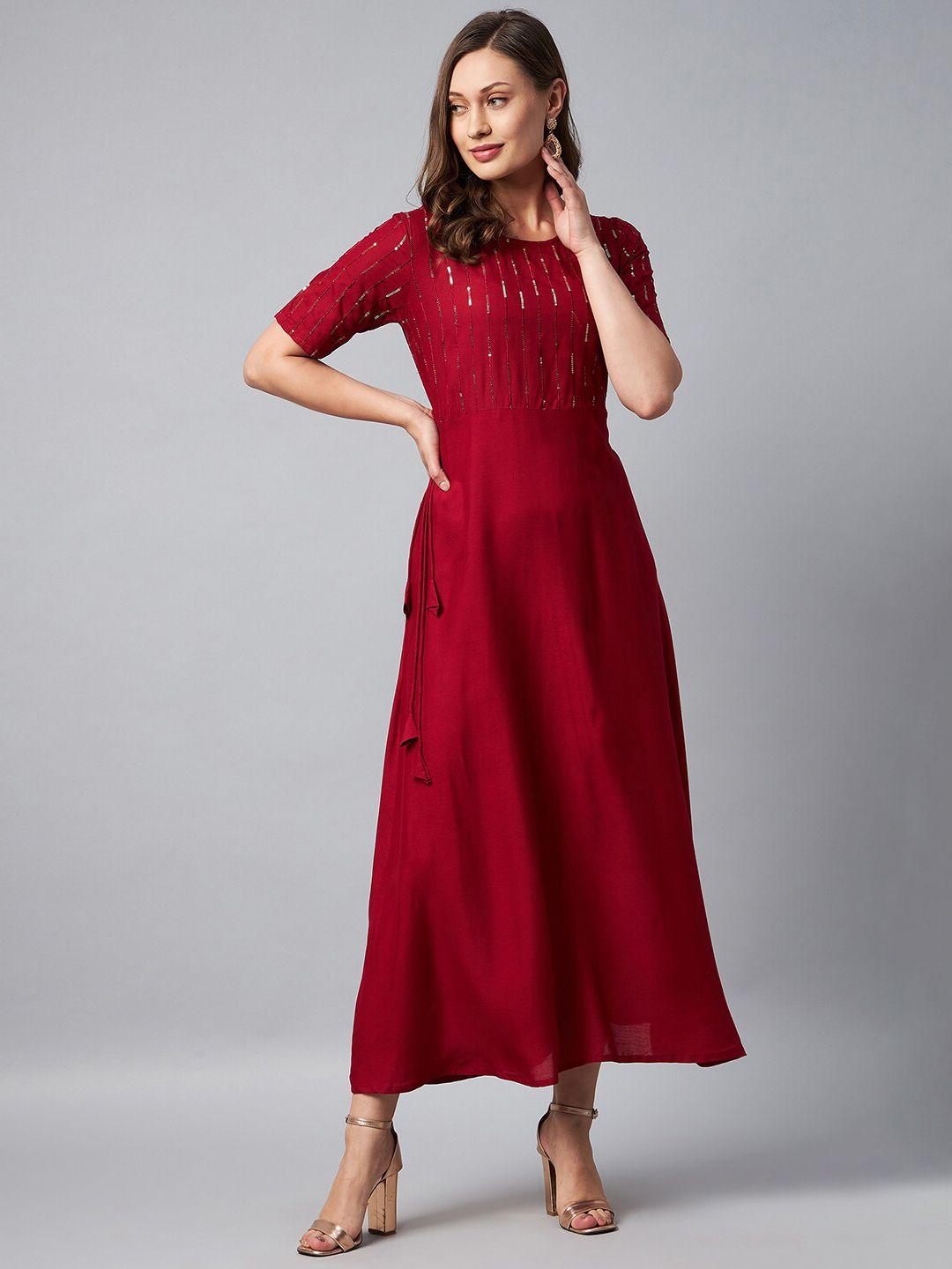 orchid hues maroon embellished pure cotton maxi dress