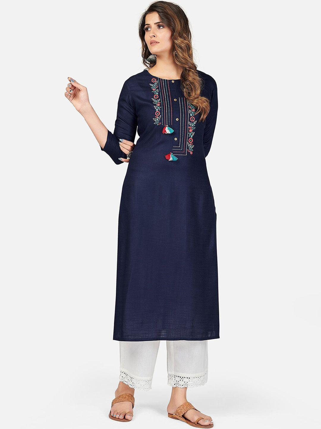 kalini women blue embroidered thread work kurta