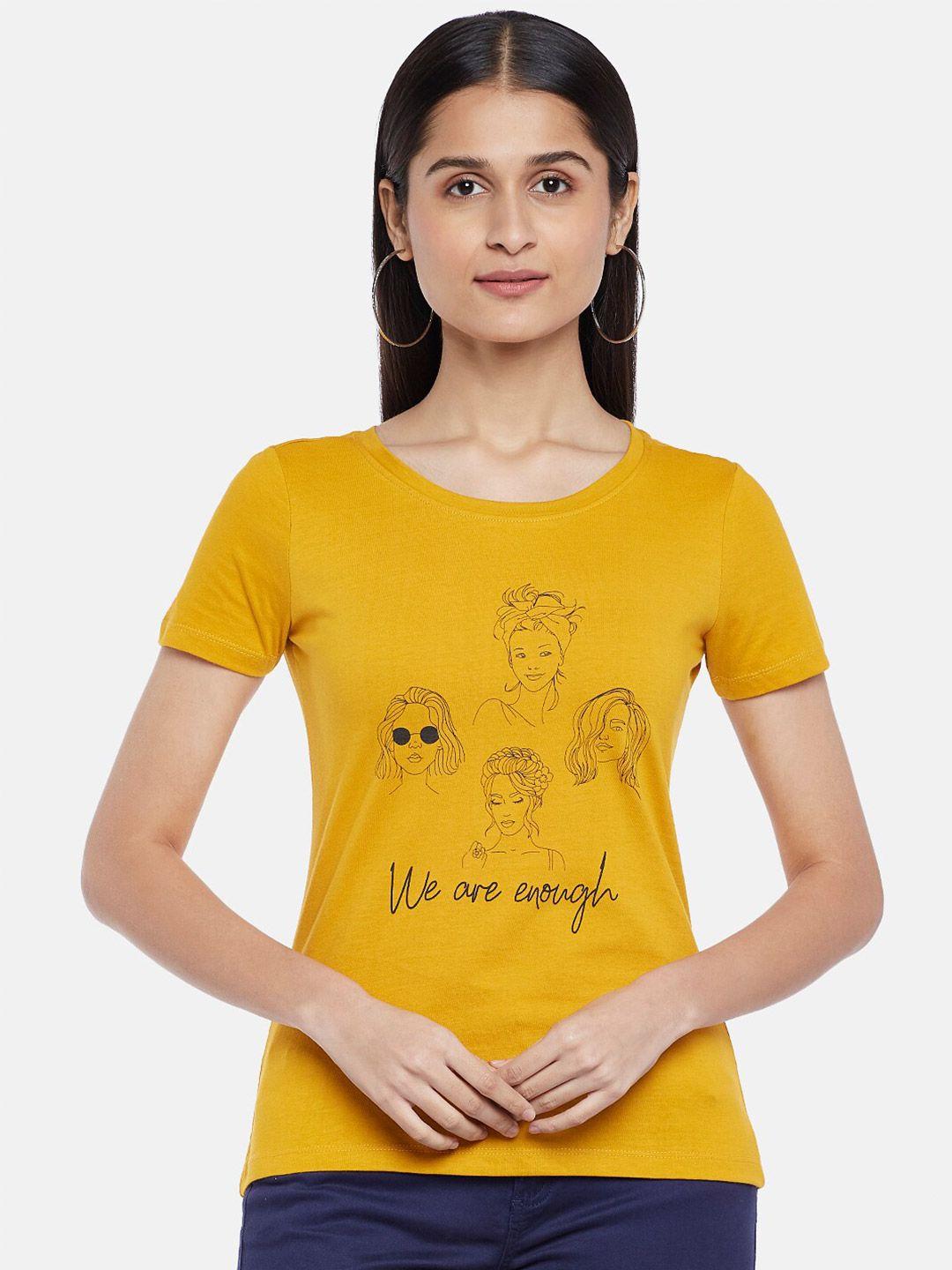 honey by pantaloons women mustard yellow printed cotton t-shirt