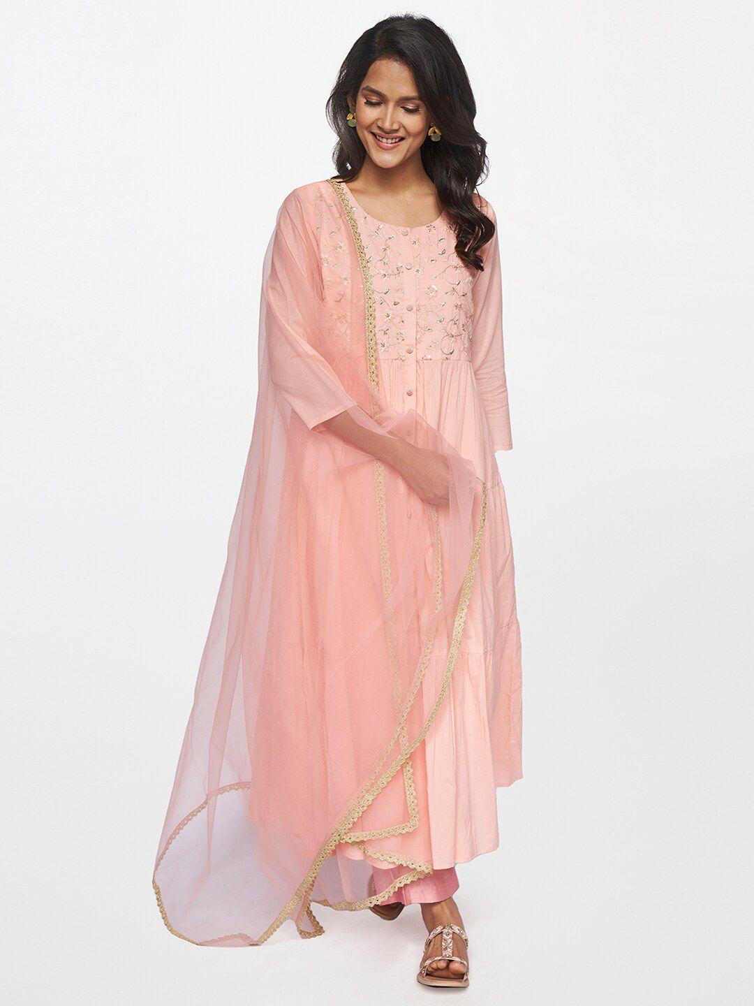 itse women peach-coloured floral embroidered thread work anarkali kurta