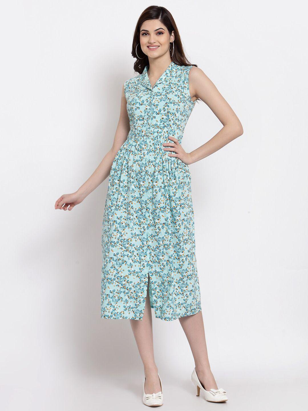 altiven turquoise blue & mustard yellow floral printed shirt midi dress