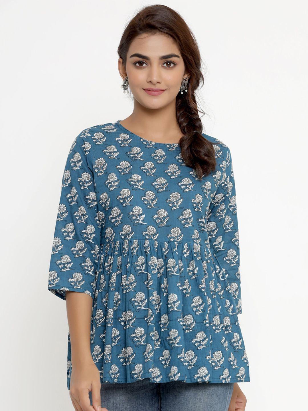 miravan blue & off white print pure cotton top