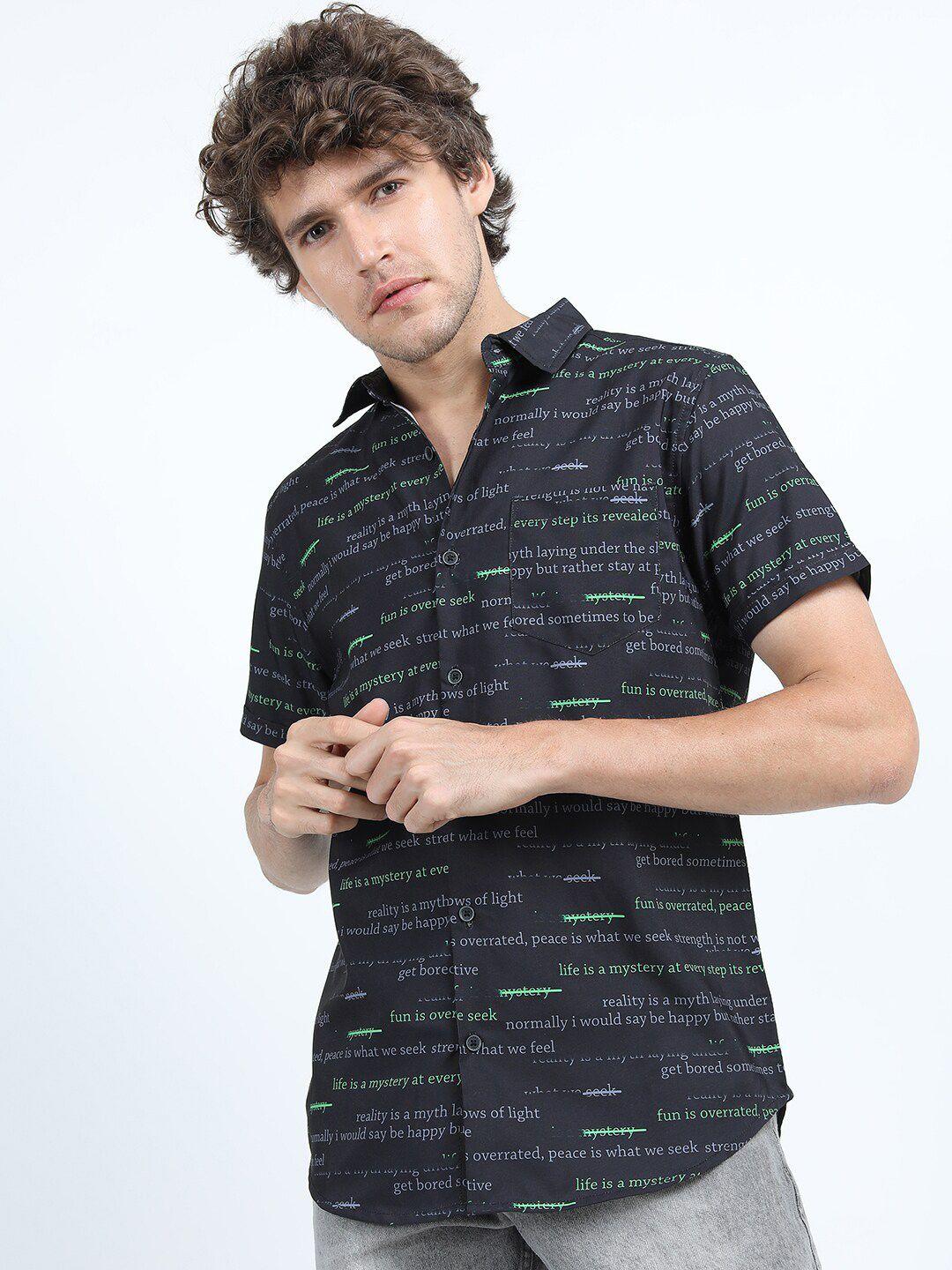 locomotive men black slim fit printed casual shirt