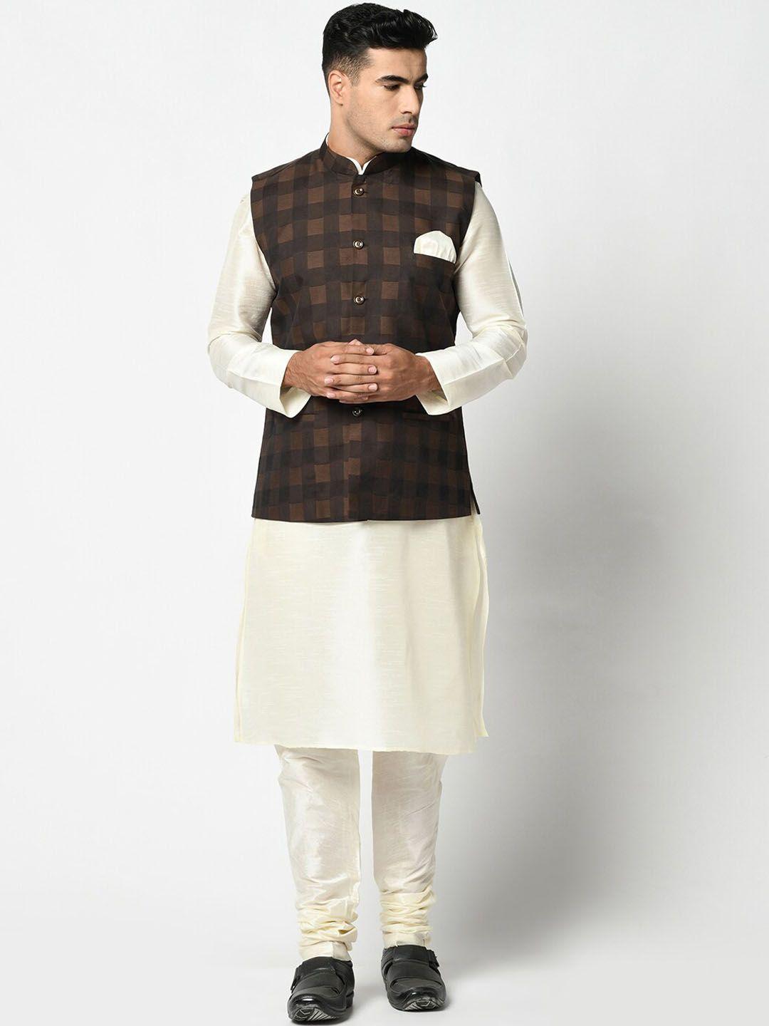 deyann men brown & beige kurta & pyjama with nehru jacket