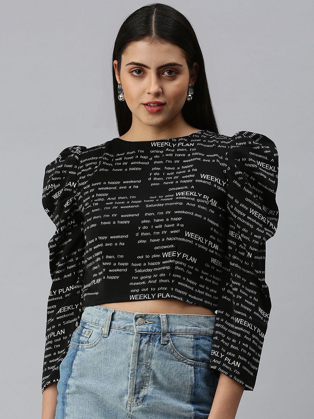 showoff women black printed crepe crop top