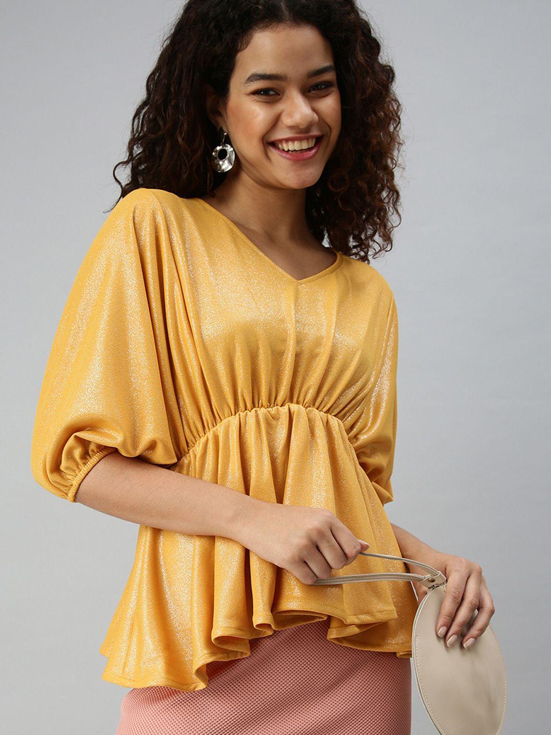 showoff women mustard yellow cinched waist top