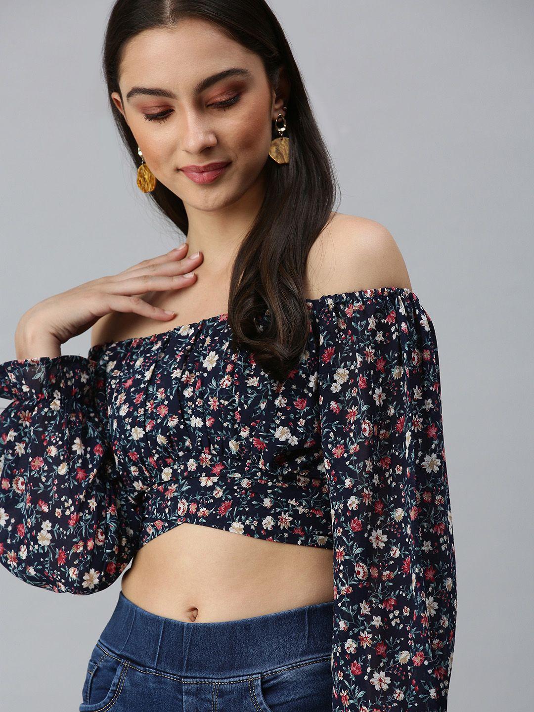 showoff navy blue & white floral printed off-shoulder georgette bardot crop top