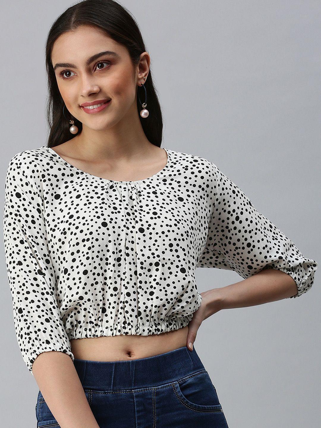 showoff women white geometric print georgette styled back crop top