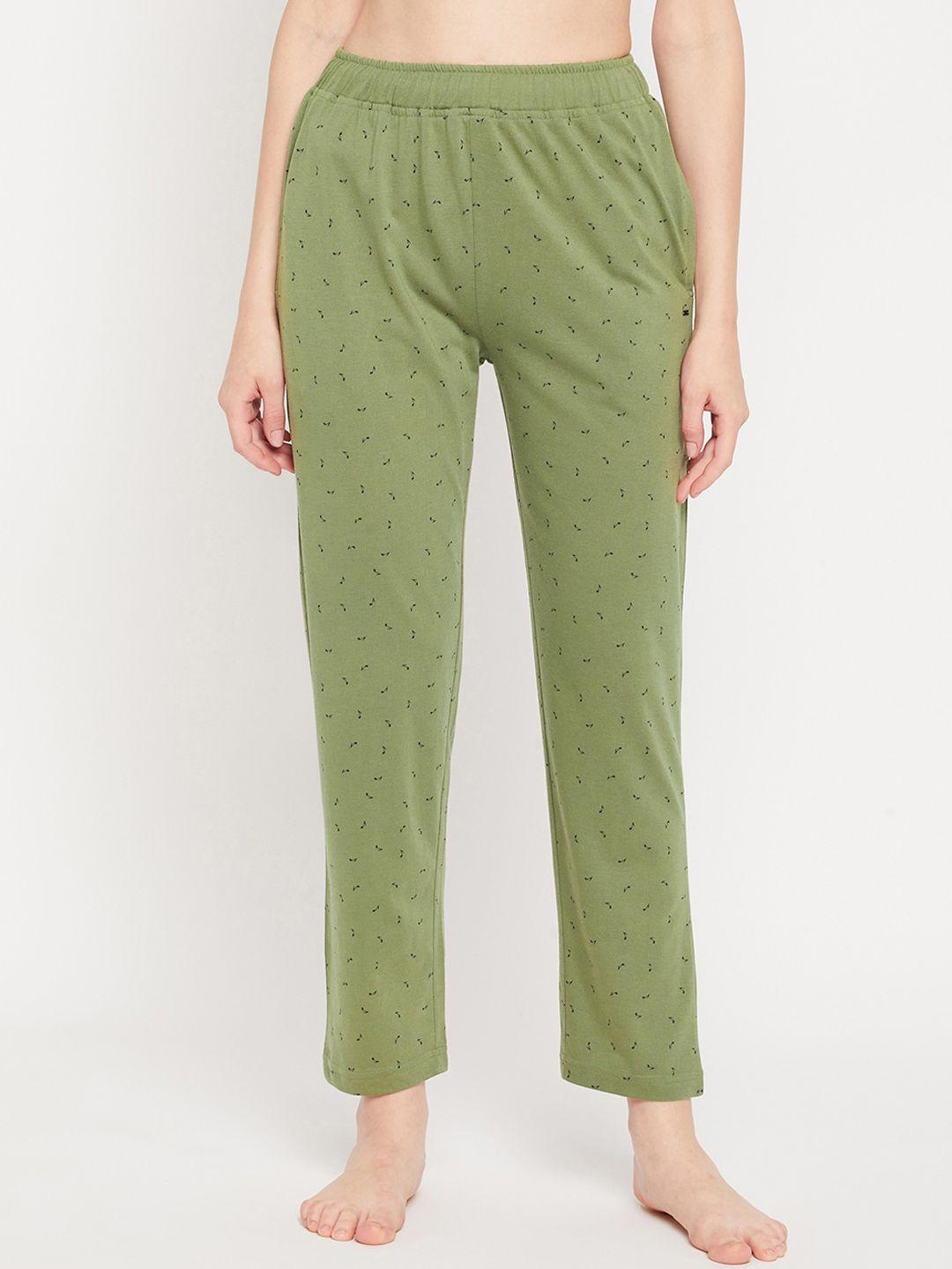 okane women olive green & black printed cotton lounge pants