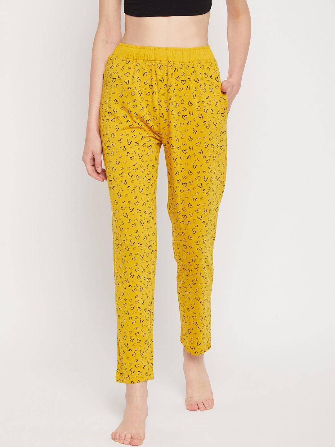 okane women mustard yellow & black printed cotton lounge pants