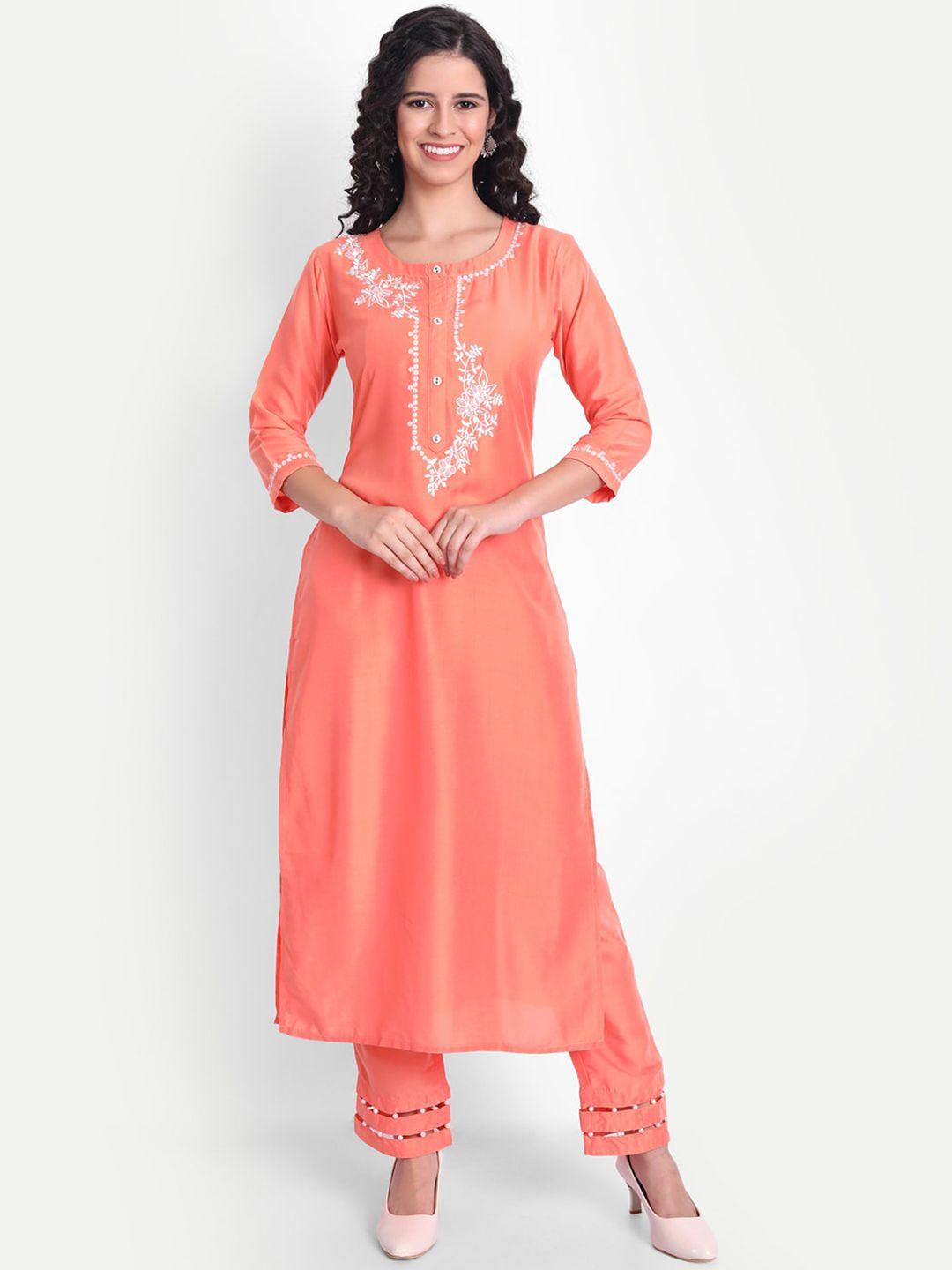 v tradition women orange floral embroidered kurta with trousers