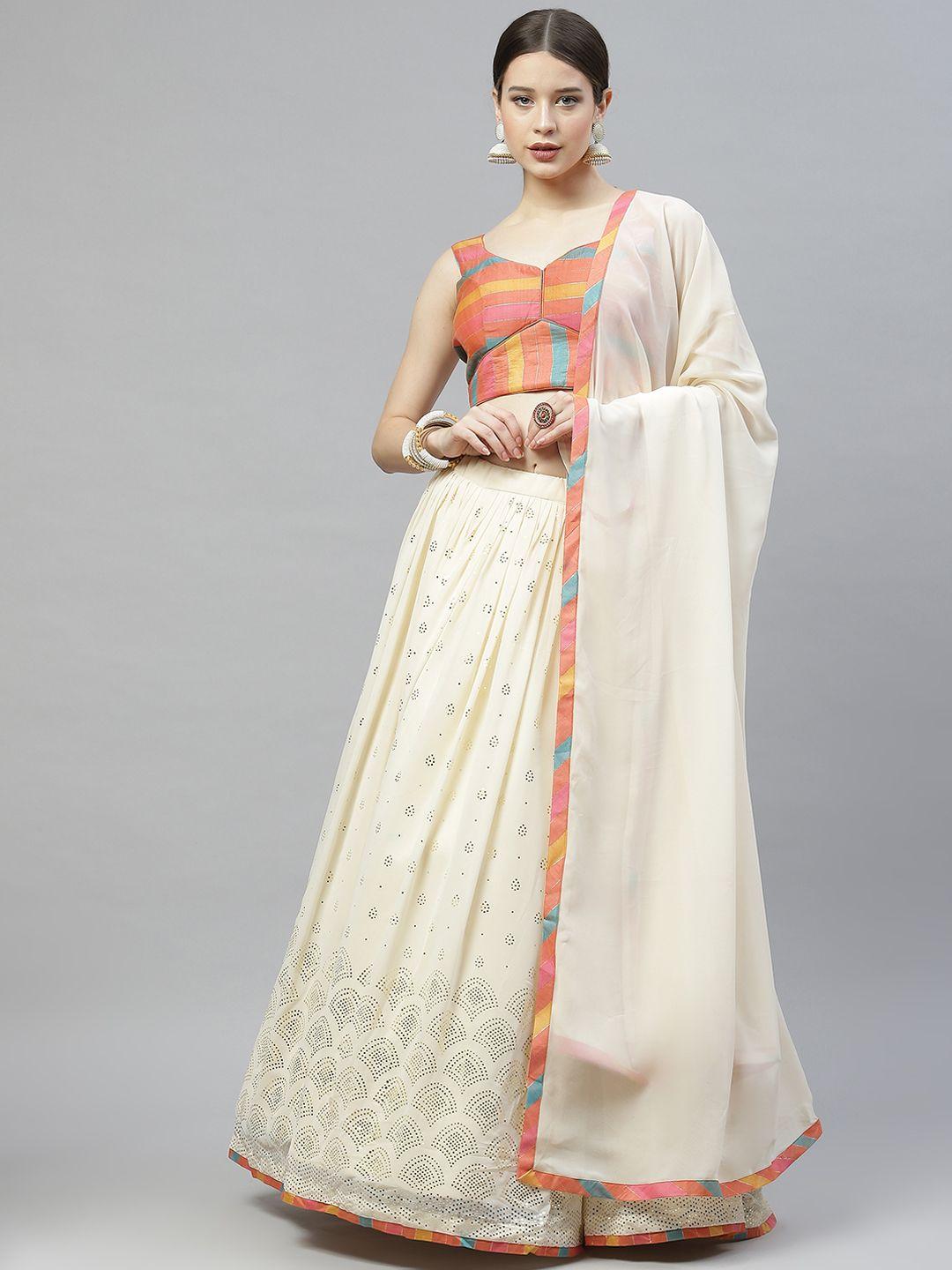 shubhkala white & orange printed semi-stitched lehenga & unstitched blouse with dupatta