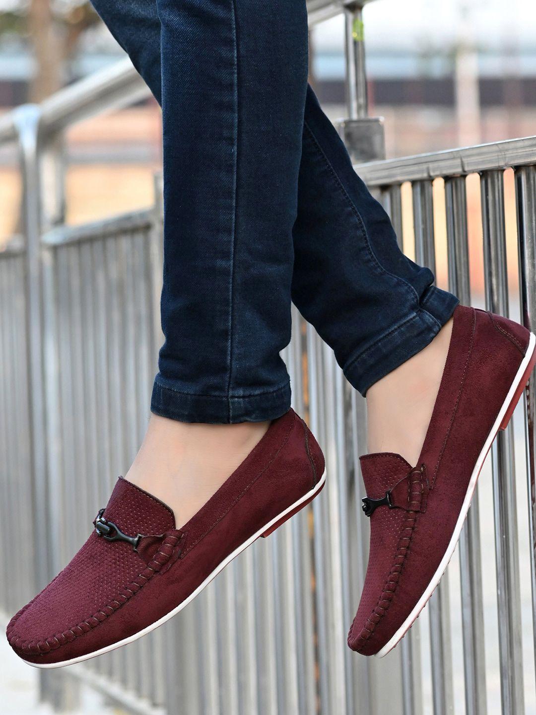 mactree men maroon solid suede loafers