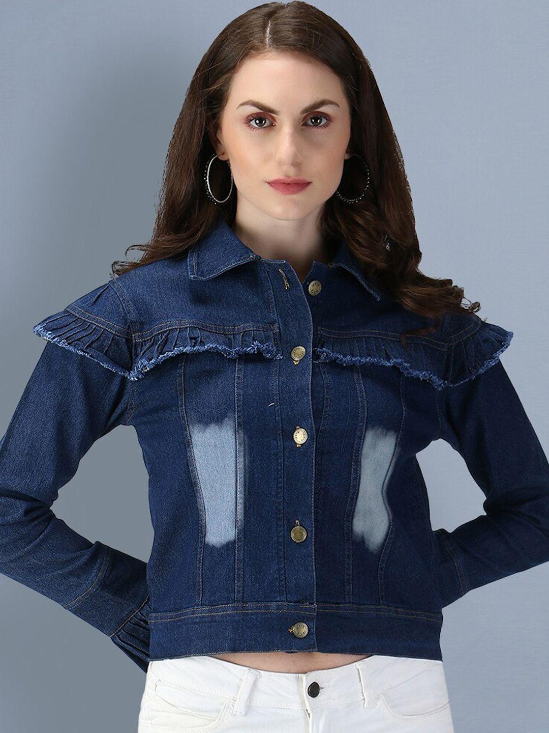 buy new trend women blue washed lightweight crop denim jacket