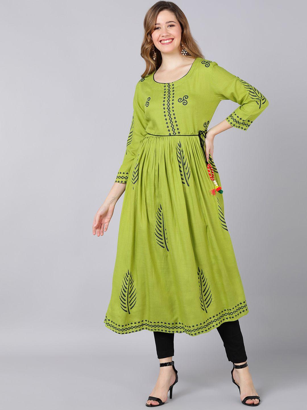 indi inside women lime green block printed flared kurta