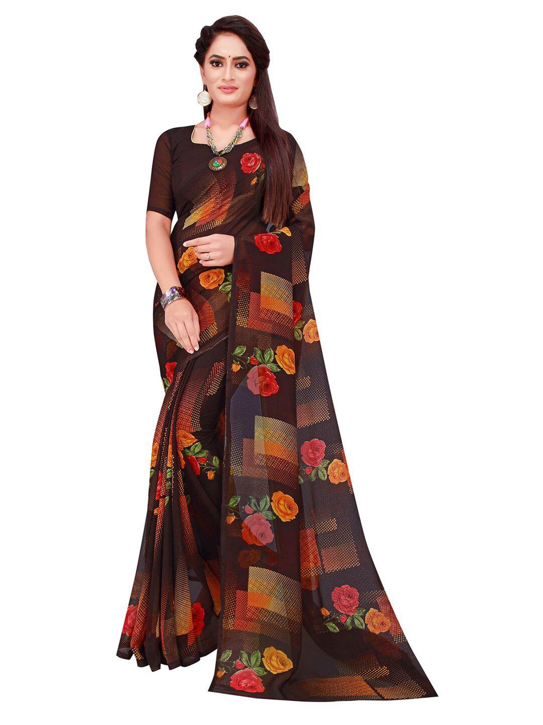 florence black & yellow floral pure georgette saree