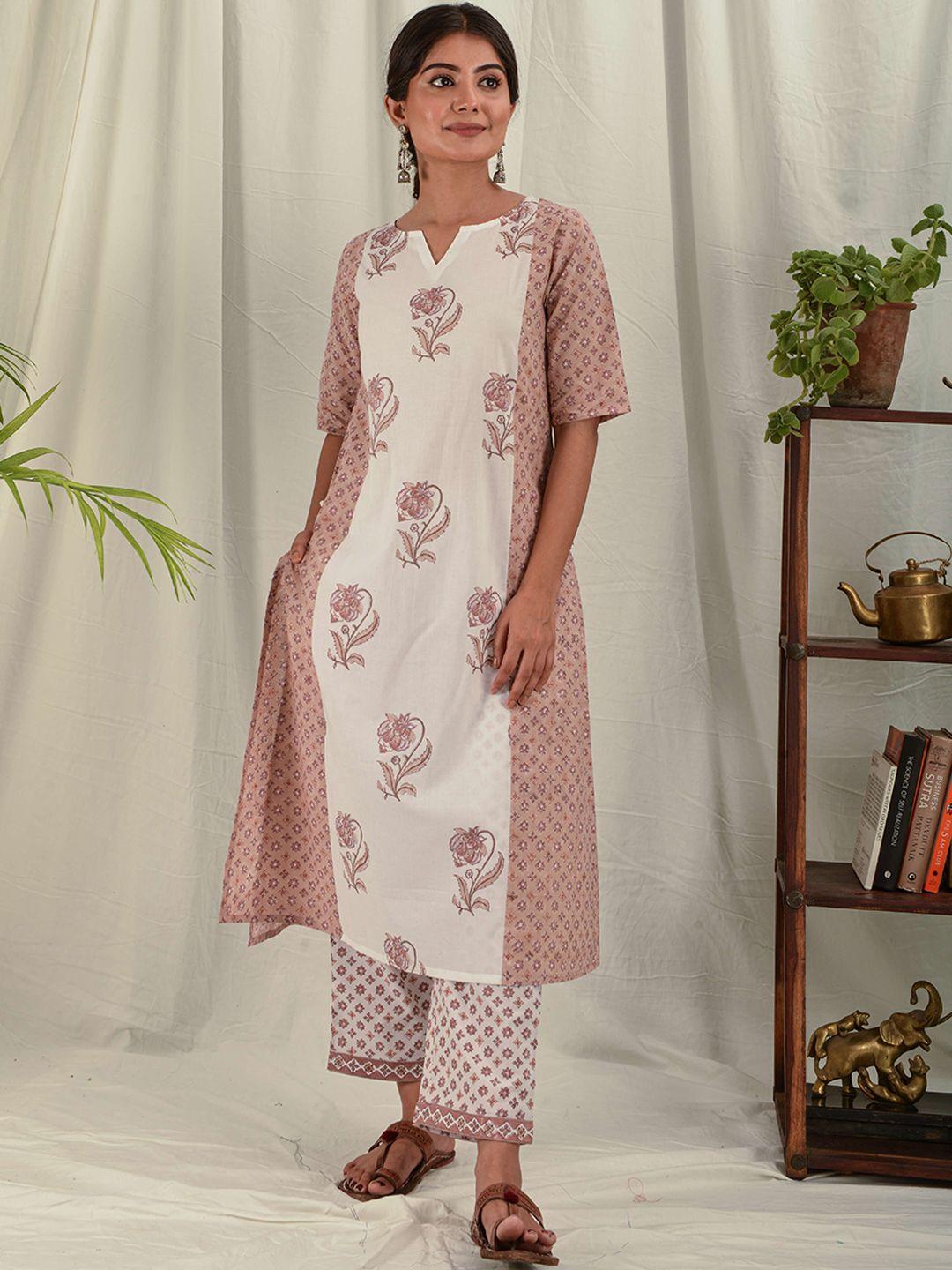 house of dhaaga women mauve & white ethnic motifs printed kurta