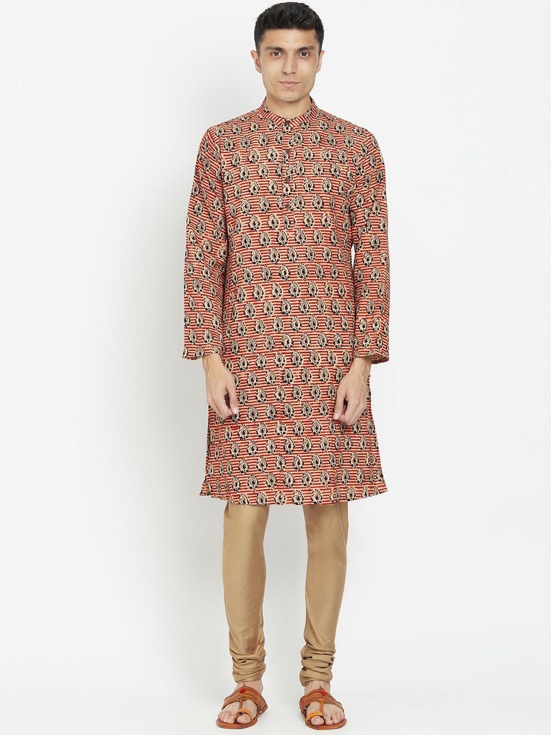 fabindia men red & beige ethnic motifs printed dobby kurta