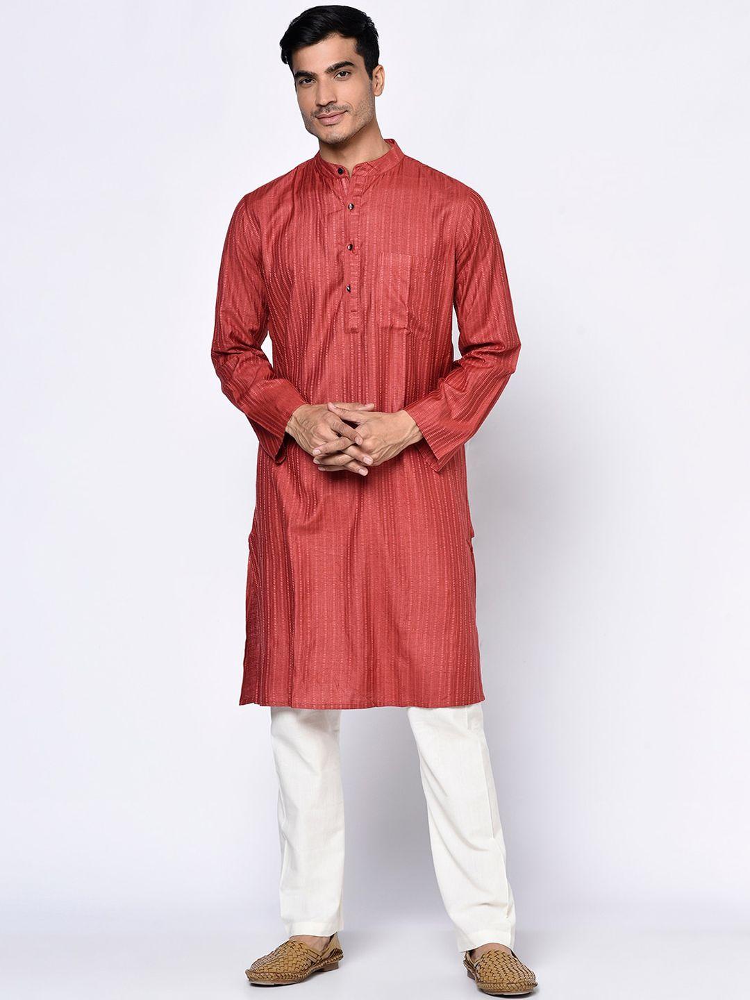 fabindia men red striped cold-shoulder sleeves thread work kurta