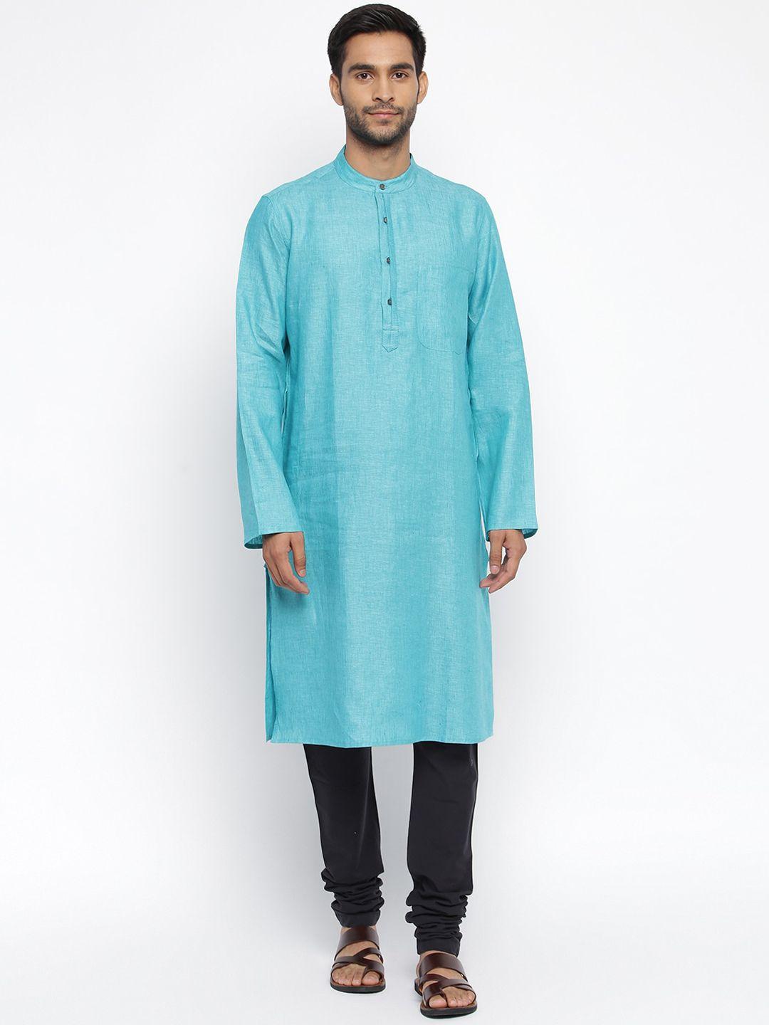 fabindia men teal slim fit thread work kurta