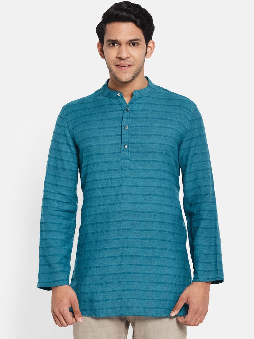 fabindia men blue striped thread work dobby kurta