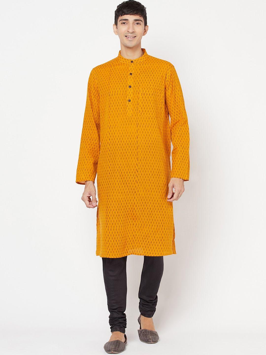 fabindia men mustard yellow printed straight kurta