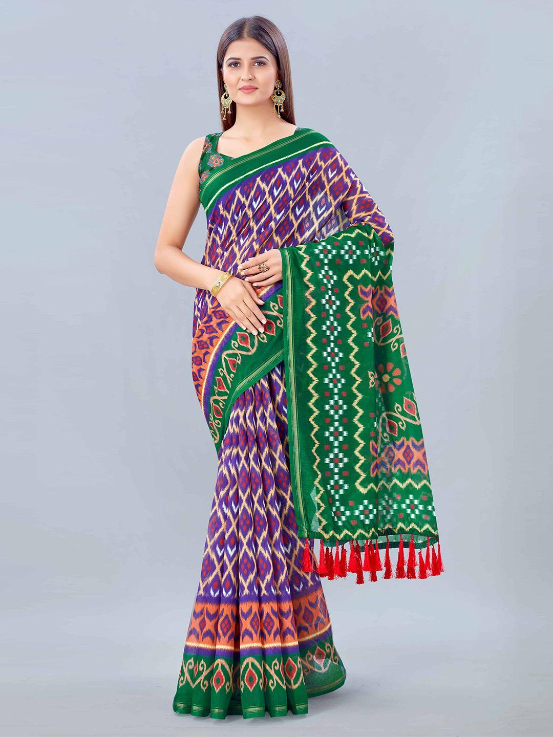 silk land green purple kalamkari printed pure cotton saree with tassels