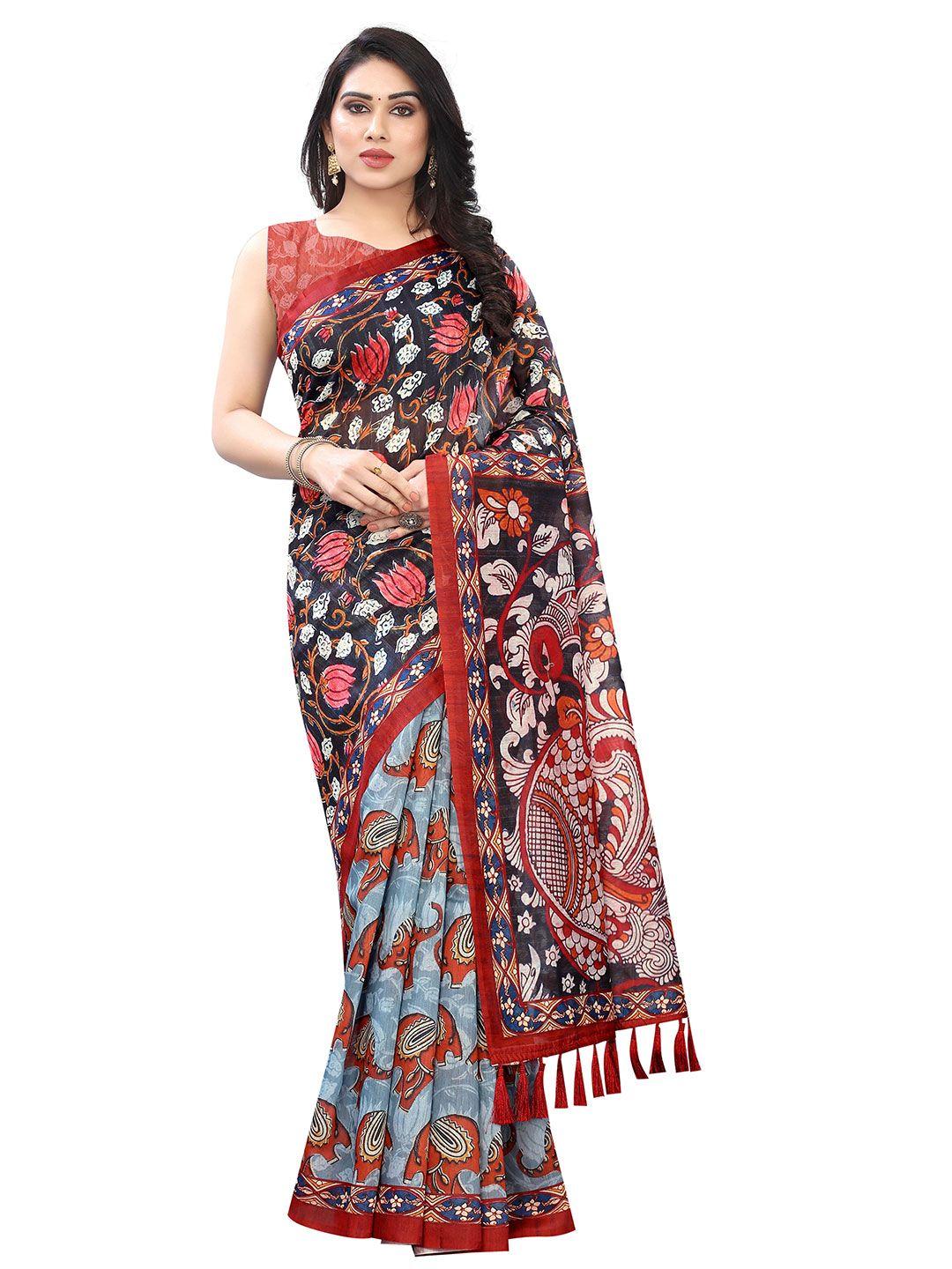 silk land red & black kalamkari pure cotton saree