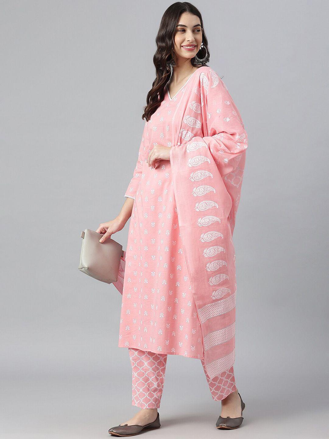 stylum women pink ethnic motifs printed pure cotton kurta with trousers & with dupatta