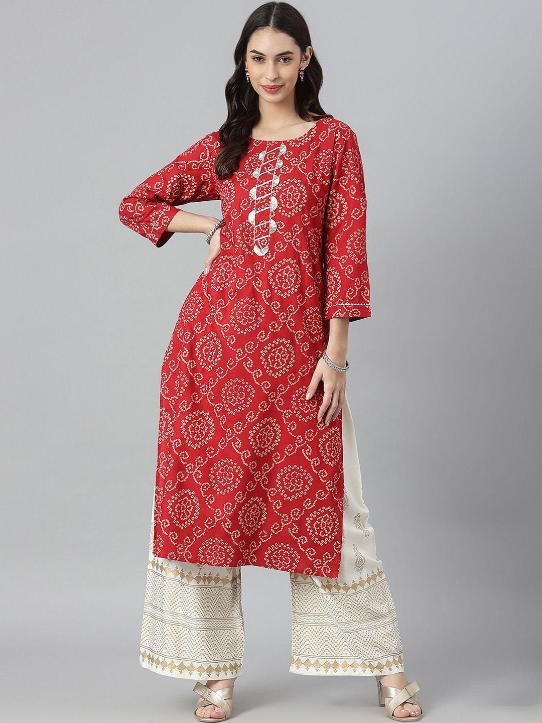 stylum women maroon & white bandhani printed kurta