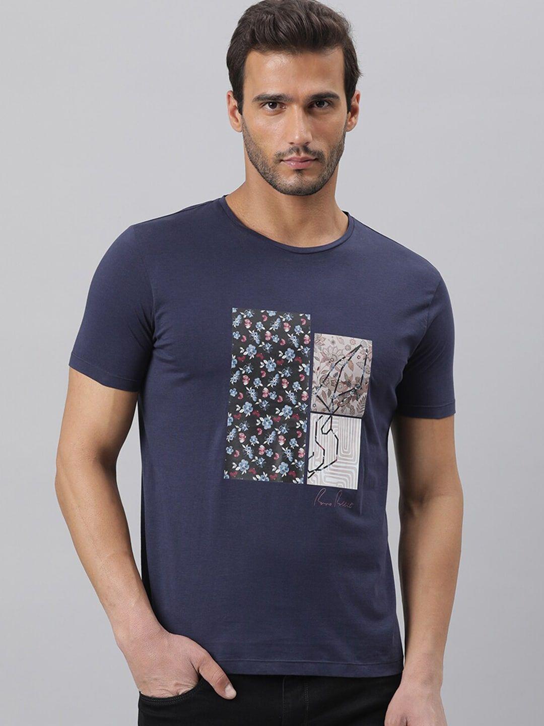 rare rabbit men navy blue printed pure cotton slim fit t-shirt