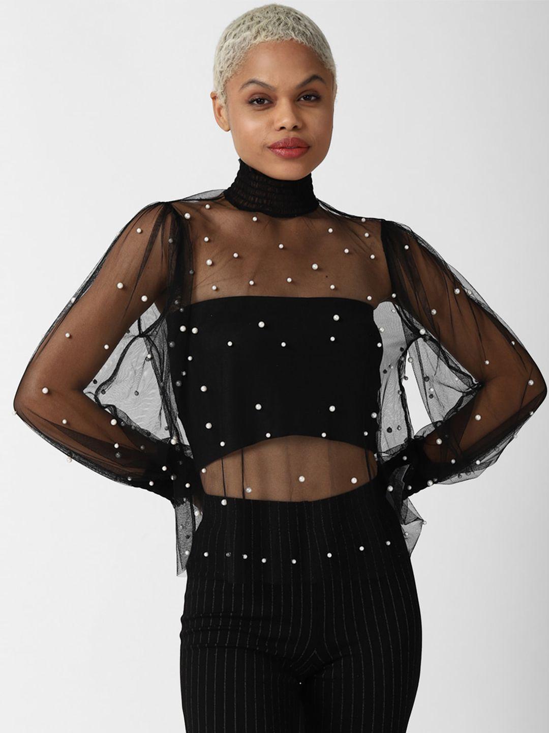 forever 21 black embellished sheer net top