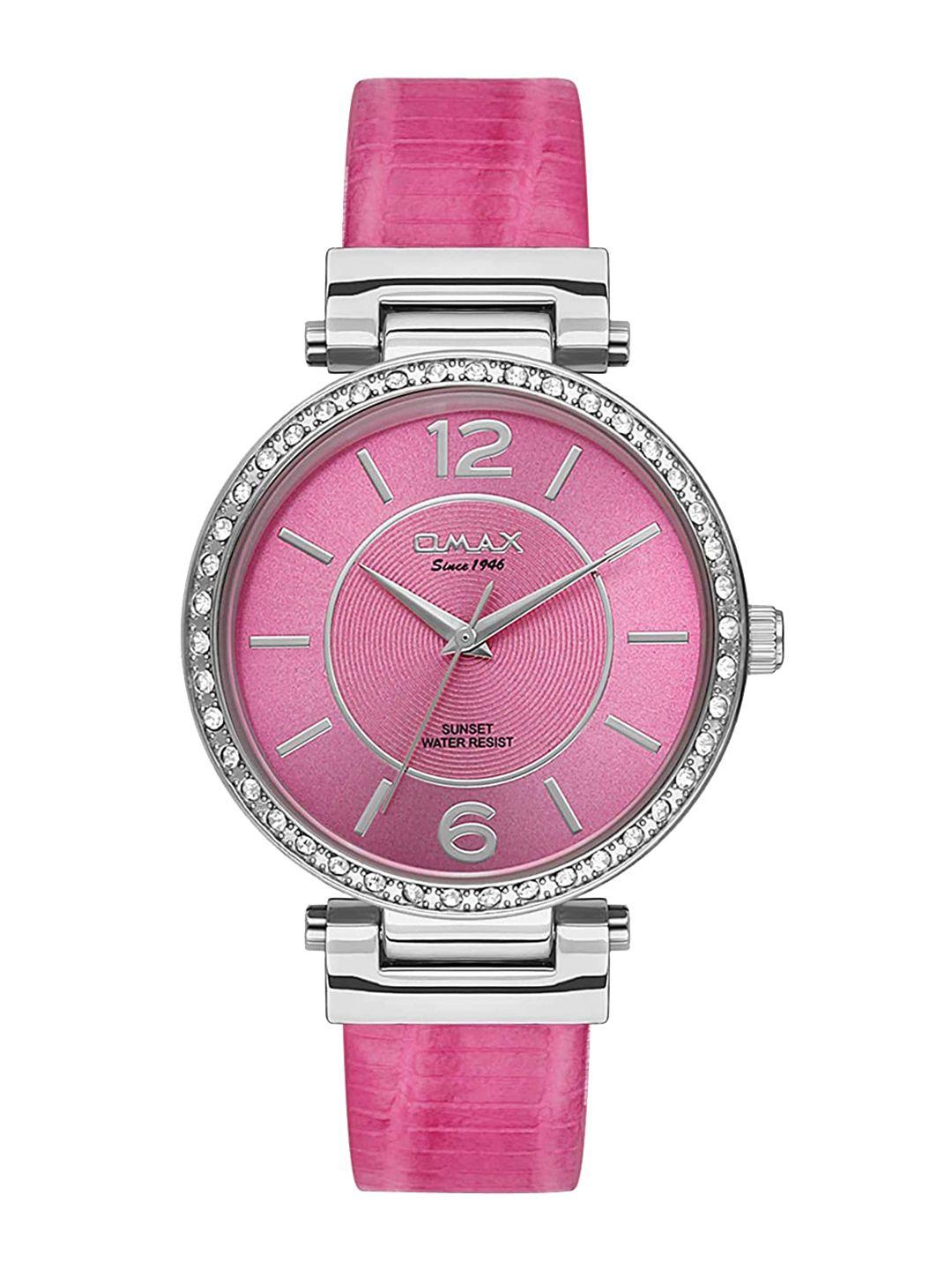 omax women pink embellished dial & pink leather straps analogue watch