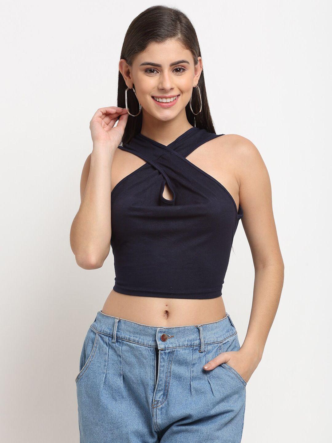 elevanto women navy blue halter neck styled back crop top