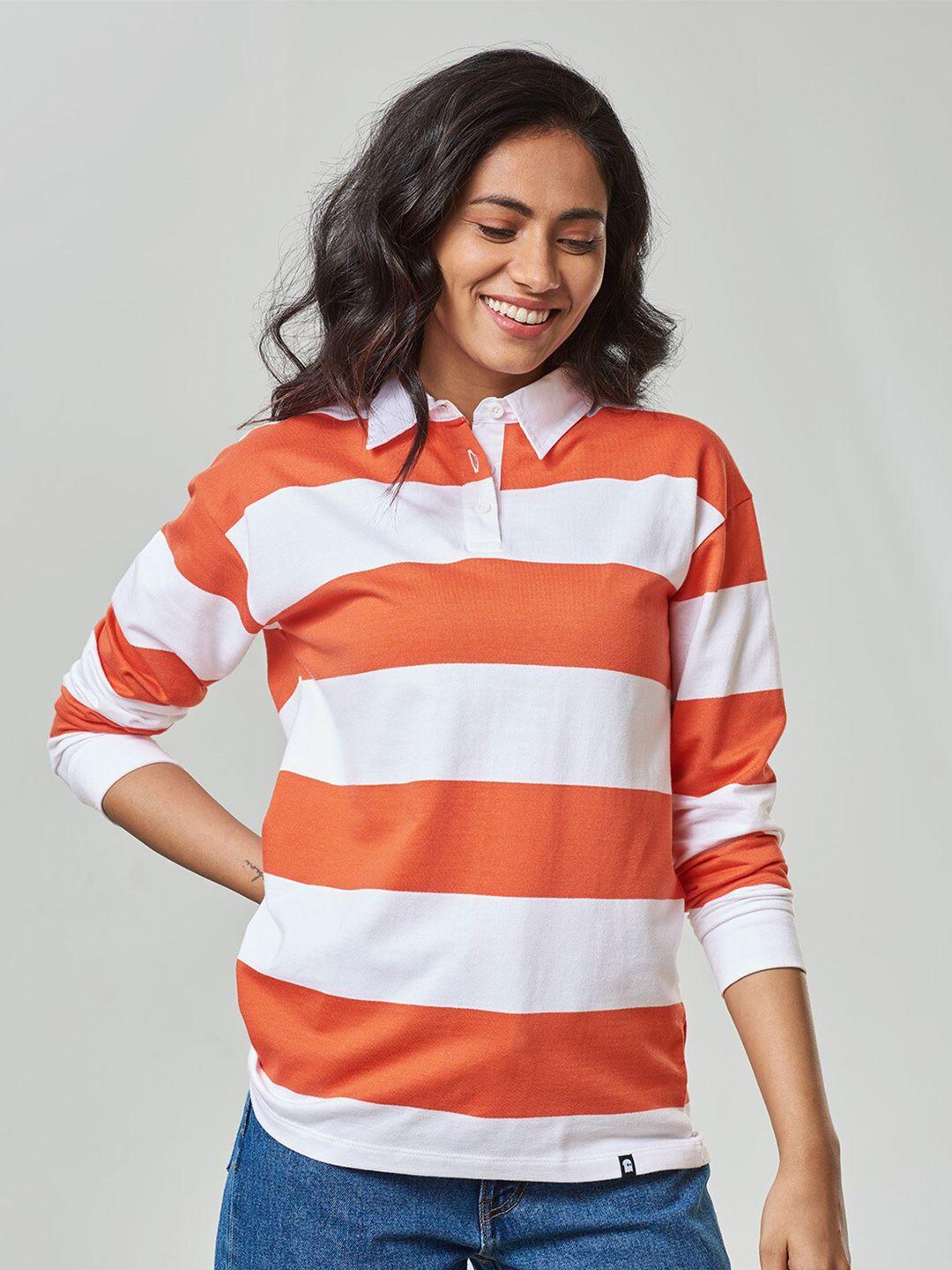 the souled store women white & rust striped polo collar t-shirt