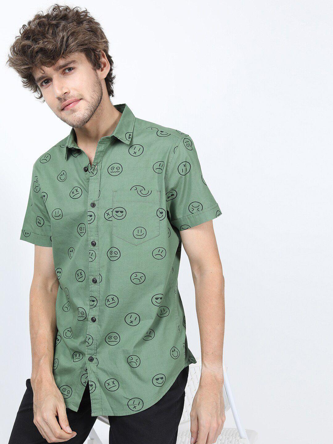 highlander men green slim fit printed casual shirt