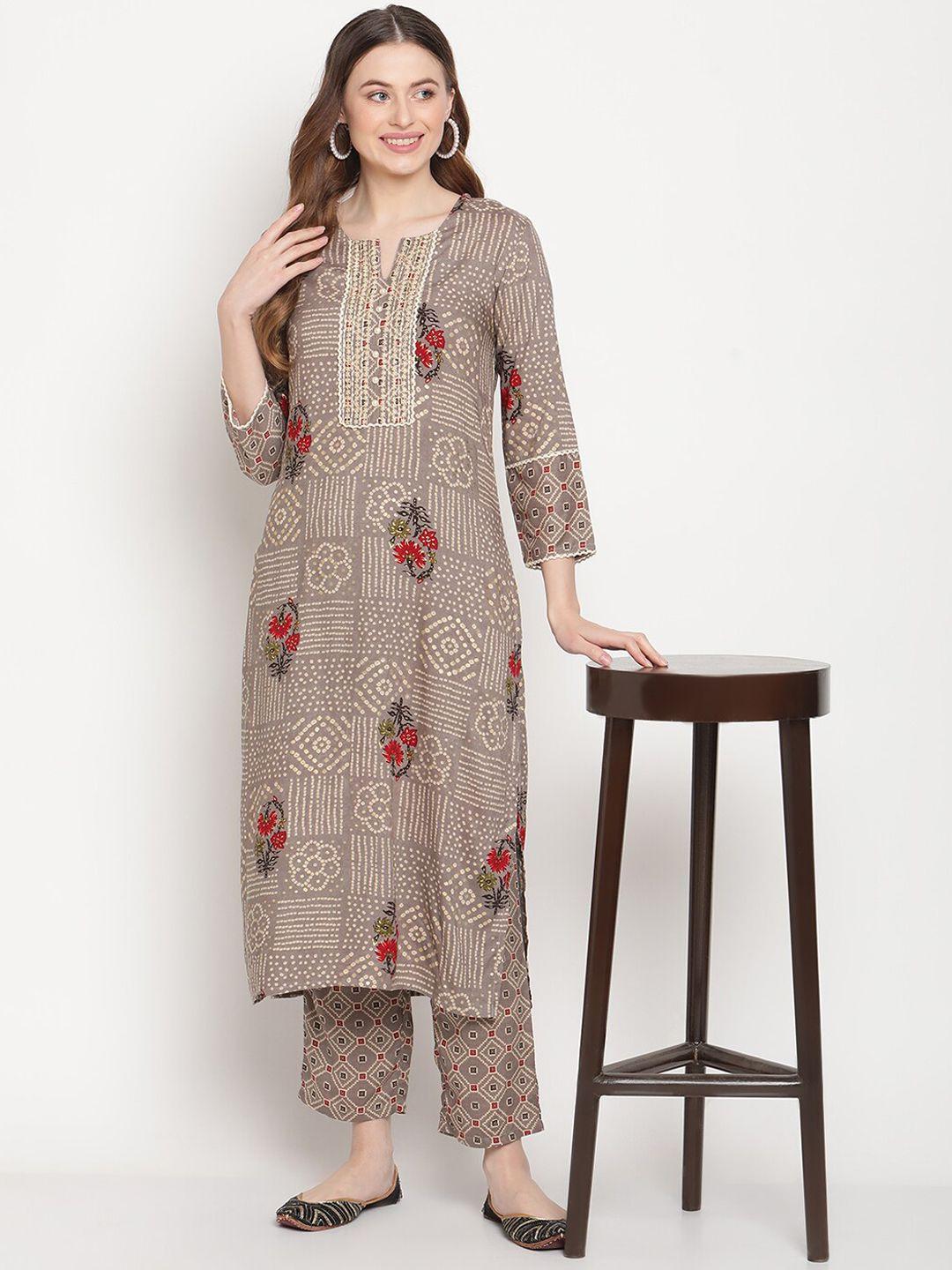 be indi beige floral printed kantha work kurta with trousers