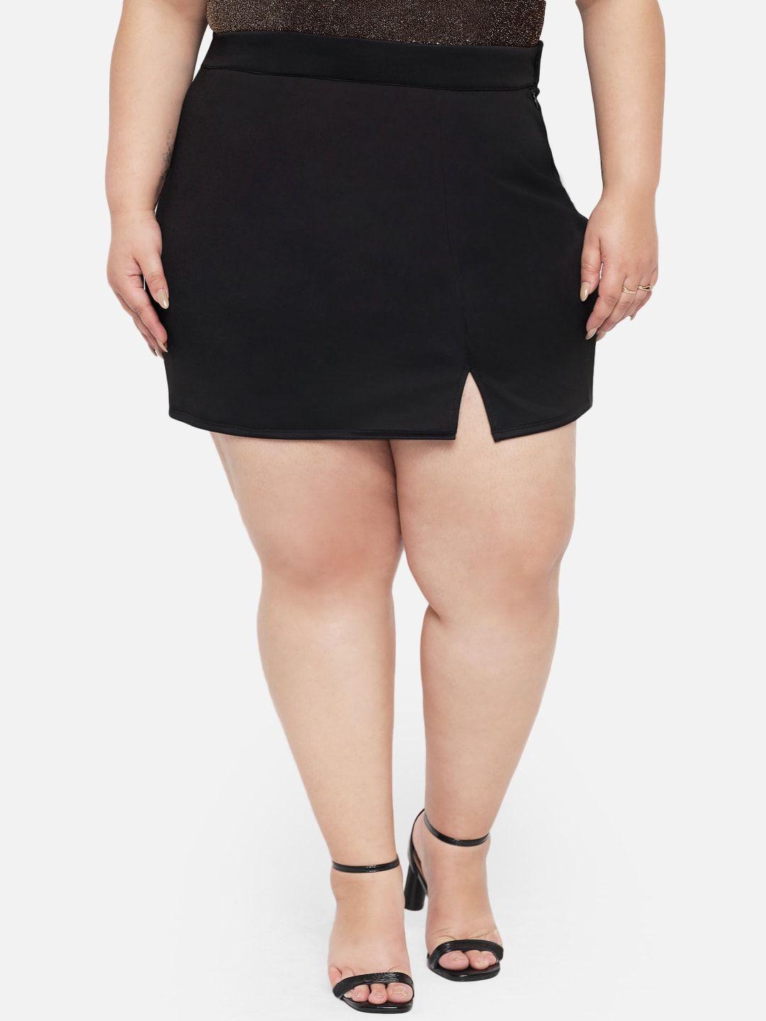 wild u plus size women black solid mini pencil skirt