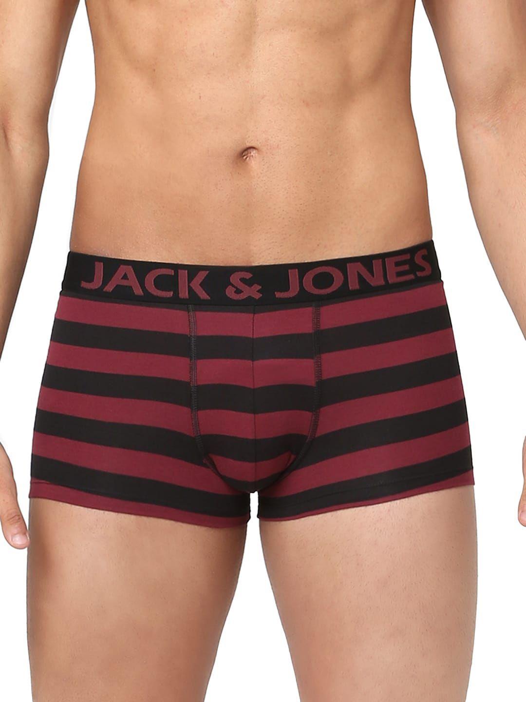 jack & jones men maroon & black striped cotton trunks 253537201