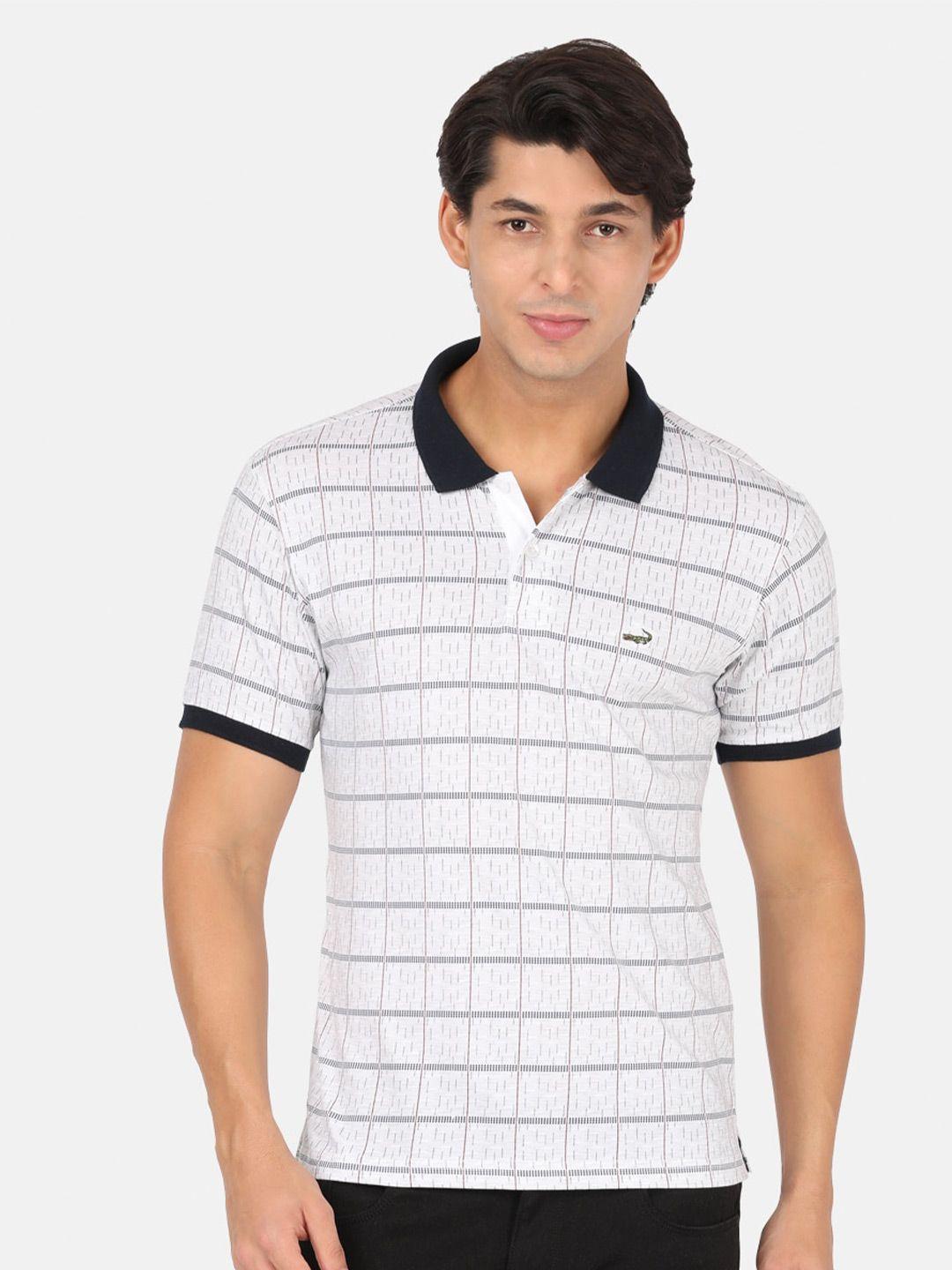 crocodile men white & black checked polo collar slim fit t-shirt