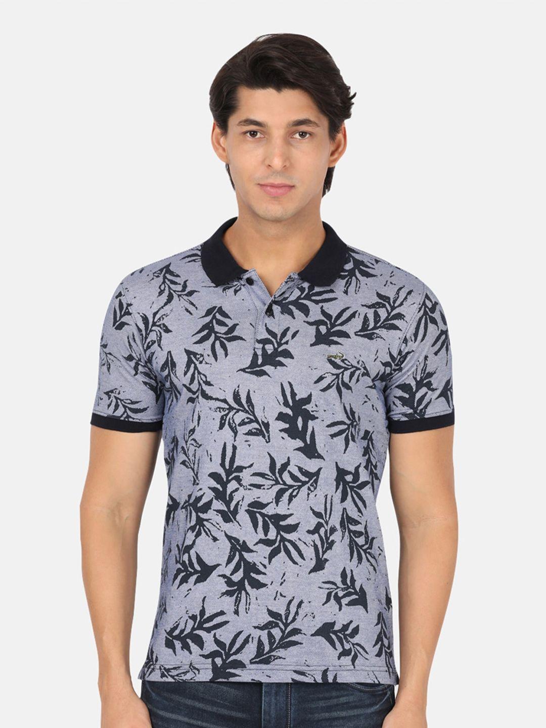 crocodile men navy blue & grey floral printed polo collar t-shirt