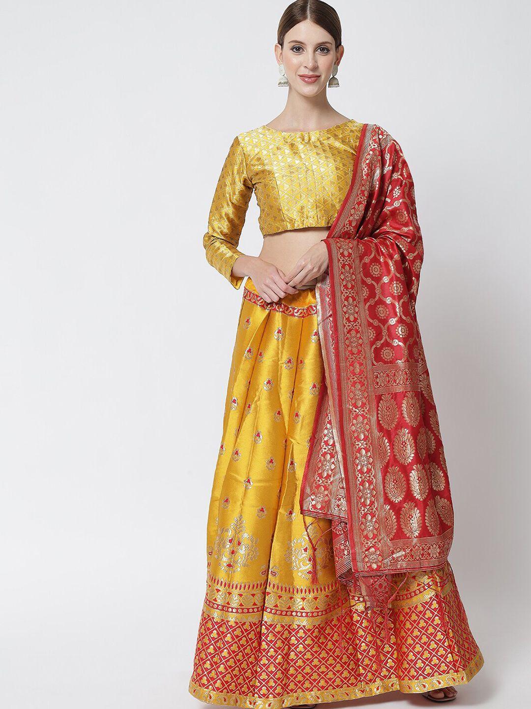 divastri red & mustard banarasi silk semi-stitched lehenga & unstitched blouse & dupatta