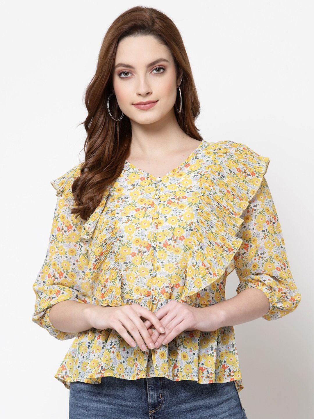 mafadeny yellow floral print georgette top