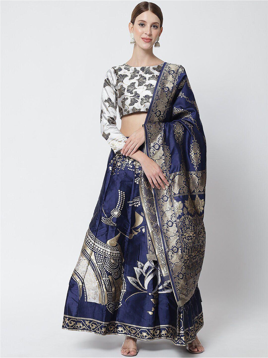 divastri white & blue printed ready to wear lehenga & unstitched blouse with dupatta