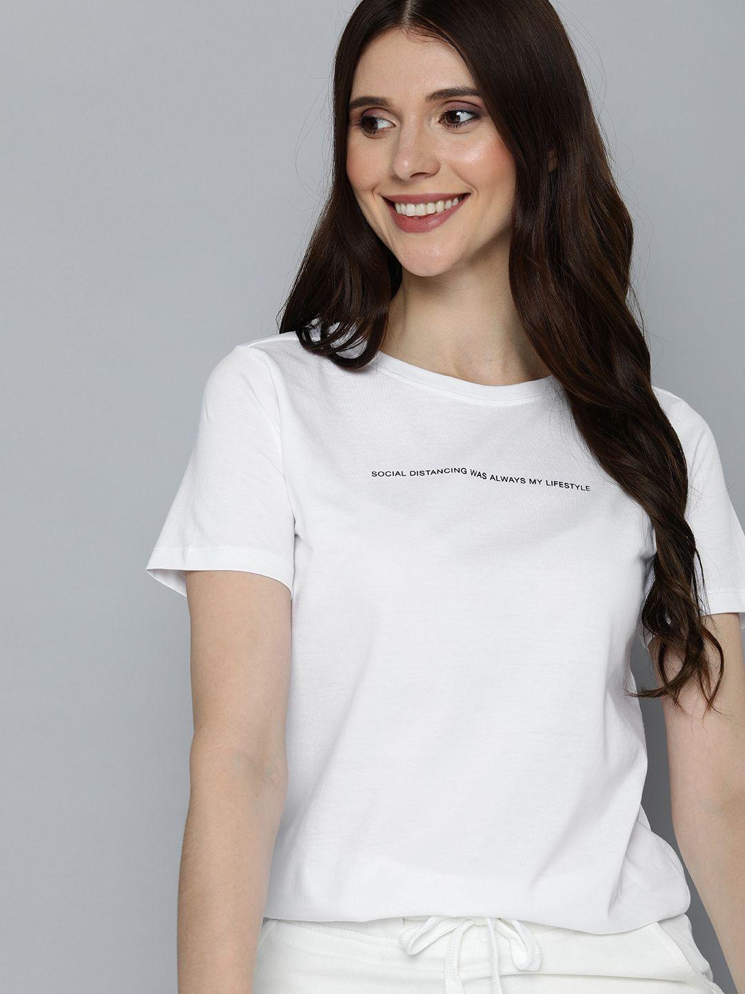 m&h easy women white typography printed pure cotton t-shirt