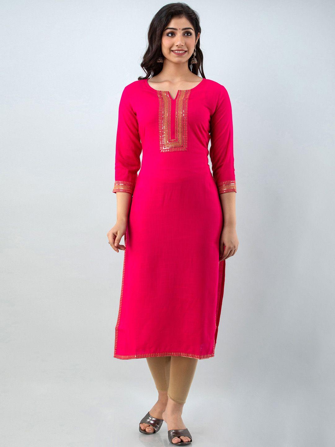 charu women pink & gold-toned embellished  embroidered straight kurta