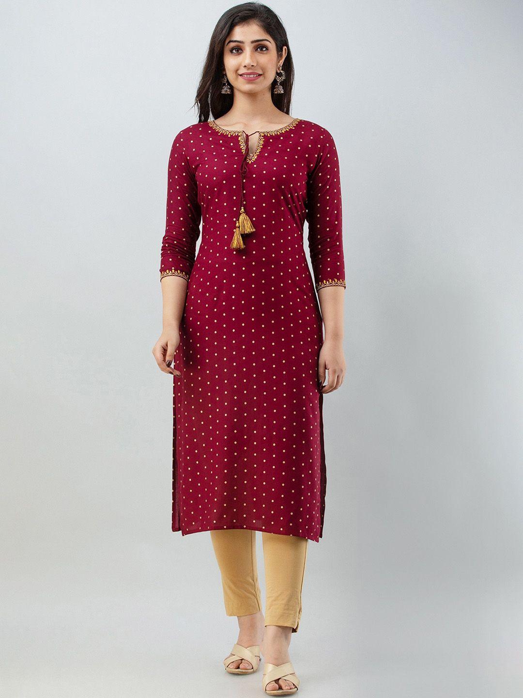 charu women maroon geometric embroidered keyhole neck gotta patti kurta