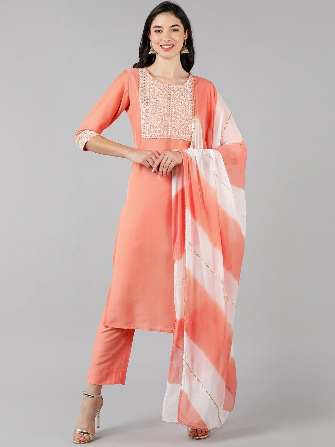 ahika women peach-coloured ethnic motifs embroidered sequinned kurta with trousers & with dupatta