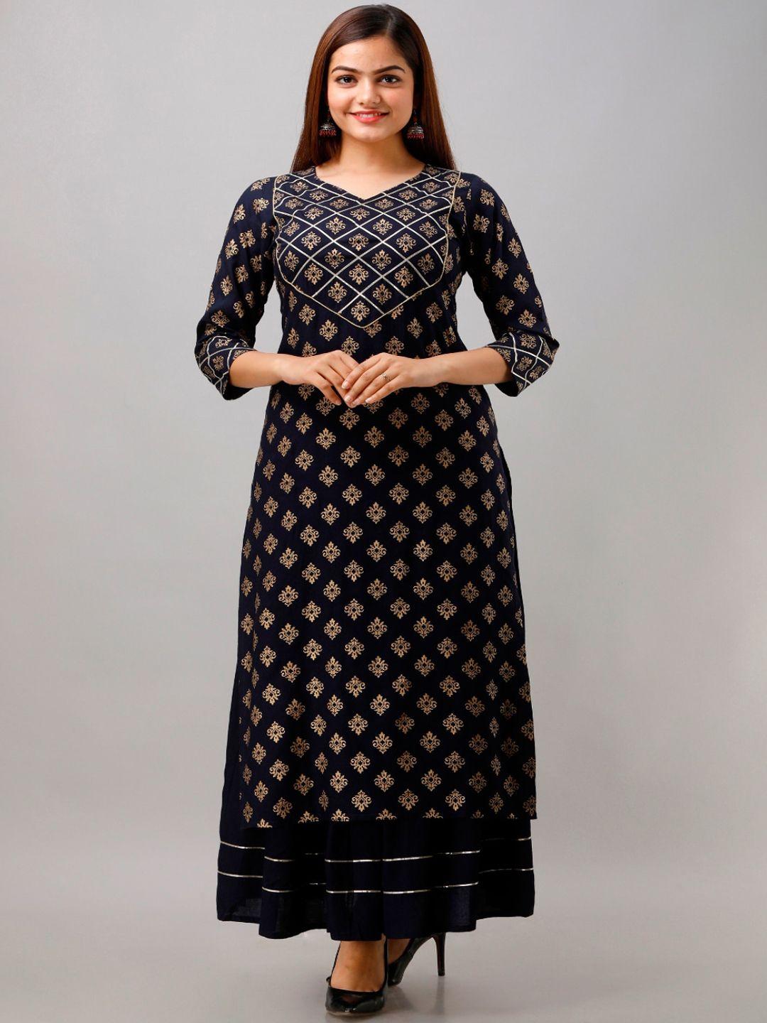 kalini women navy blue printed kurta with skirt